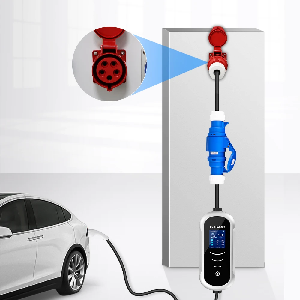 IPENGEN Electric Vehicle Charging Adapter Convert 22kw to 7kw 3phase to 1phase 32A CEE Red Male 5pin to Blue Female 3pin