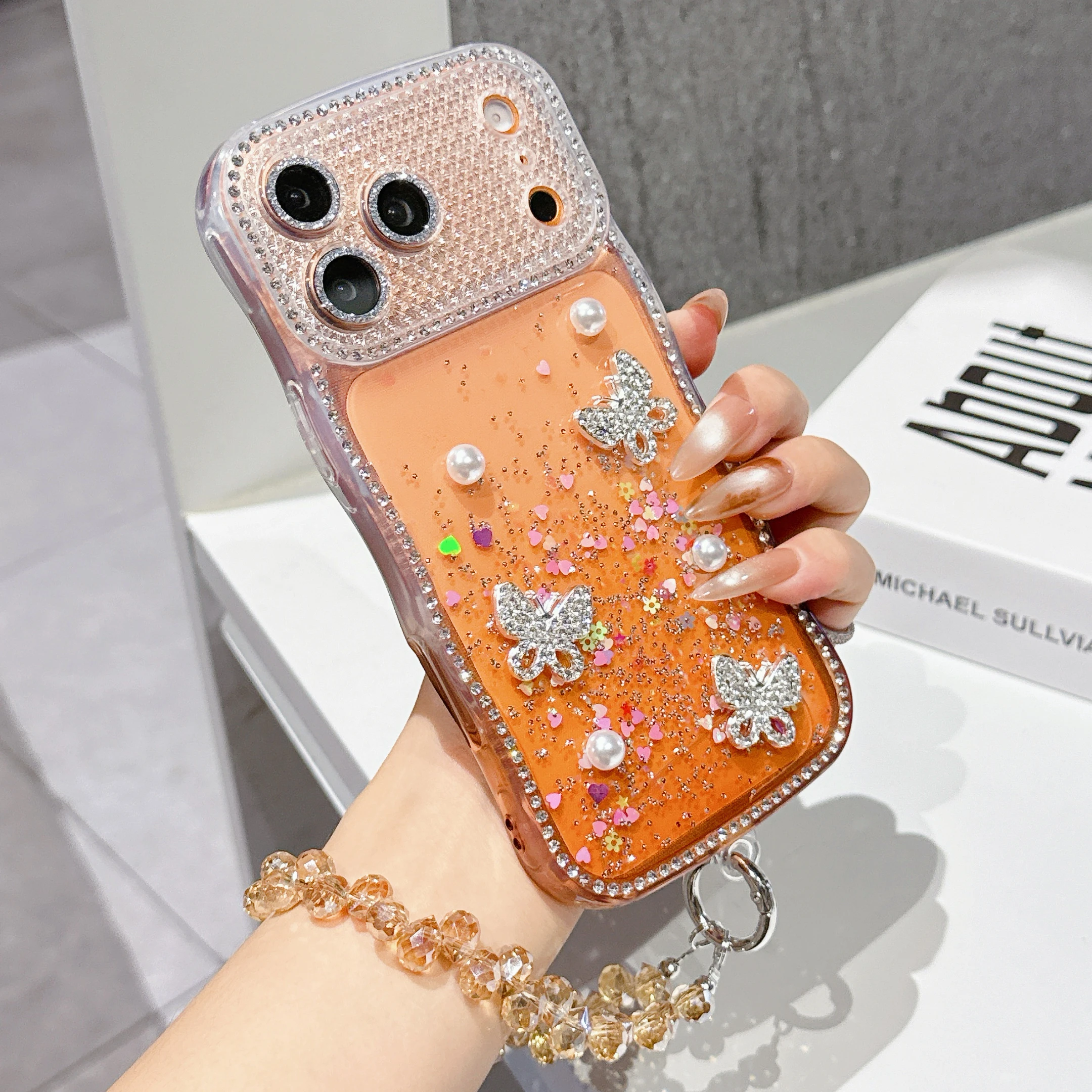Glitzernde Strass-Gradient-Handyhülle für iPhone 17 16 15 14 13 Pro Max mit Herz-Spiegel und Handschlaufe, stoßfeste Rückabdeckung