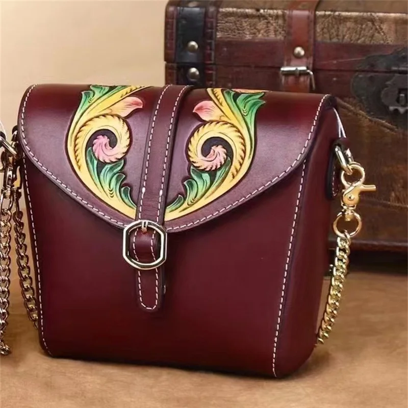 Hand-made Leather Carving Genuine Leather Shoulder Bag Woman Mini 3D Floral Ladied Real Cow Leather Handbag