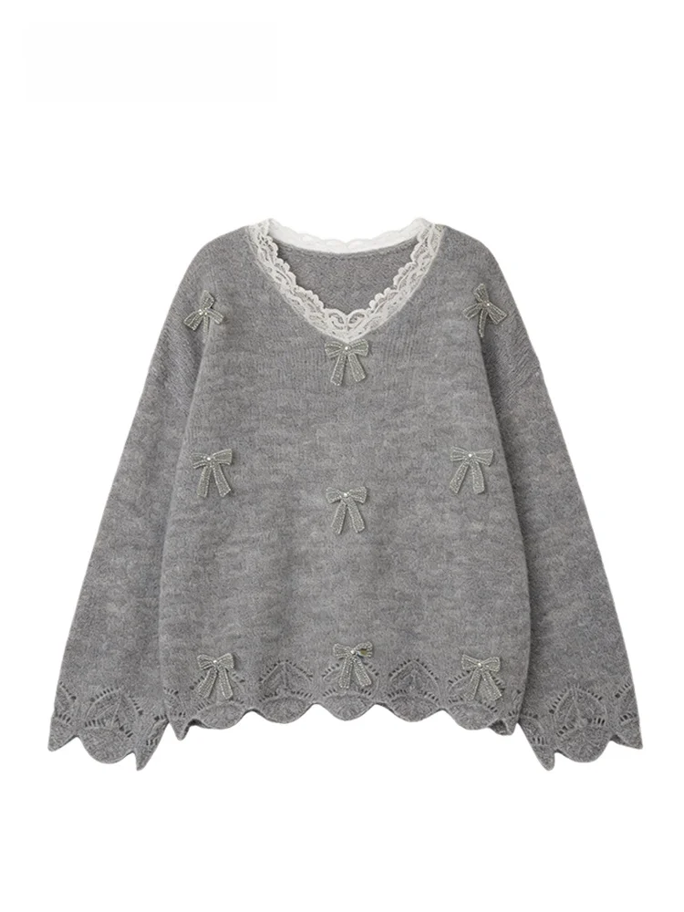 

Loose Long Sve Lace V-Ne Sweater Women's plus Size Korean Sle Winter Faion Comfortable Top Trendy Knot Design