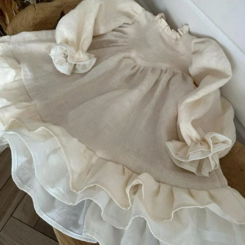 Girls Dress 2026 Spring New Linen Girls Spliced Casual Princess Round Neck Dress with Ruffle Edge Baby Dress Children Wear