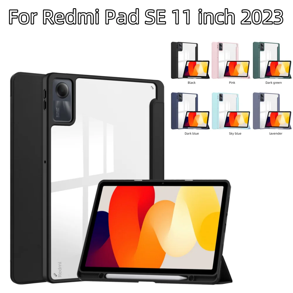 For Xiaomi Redmi Pad SE 11 inch 2023 Transparent Back Tri-Folding Flip Stand Auto Wake Function Cover Case  Built-In Pen Holder