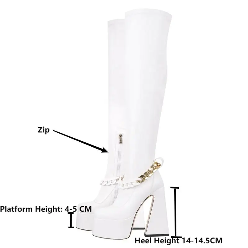 Onlymaker Women Platform Over The Knee Square Toe White Metal Chain Chunky Heeled Western Thigh Winter Handmade Big Size Boots