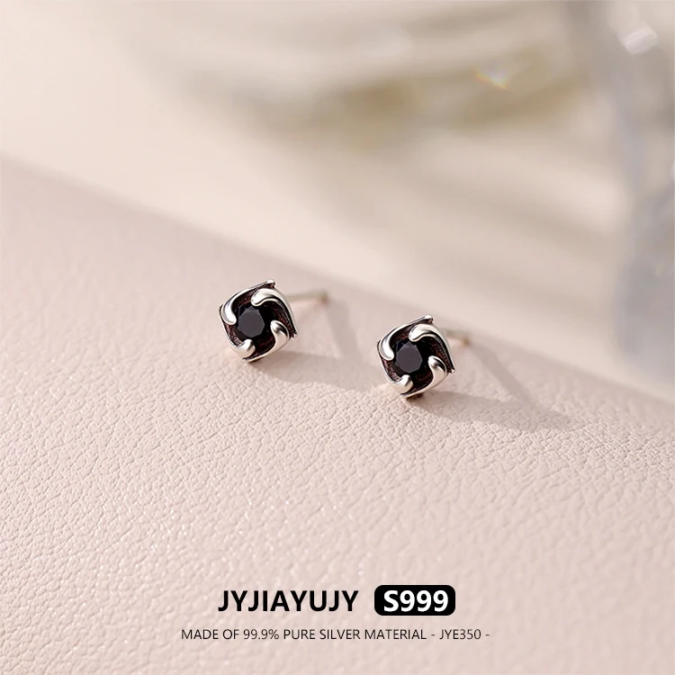 

JYJIAYUJY 100% Whole Original Pure Silver S999 Stud Earrings 6MM Black Zircon Spiral Windmill Fashion Jewelry Gift Daily JYE350