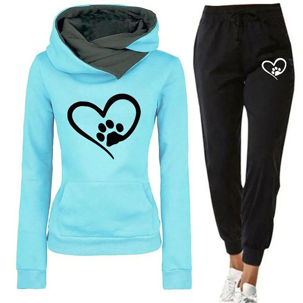 Women Sweatshirt Pants Set Heart Print Sport Outfit Women\'s Hooded Sweatshirt Jogger Pants Set for Autumn Winter Fitness