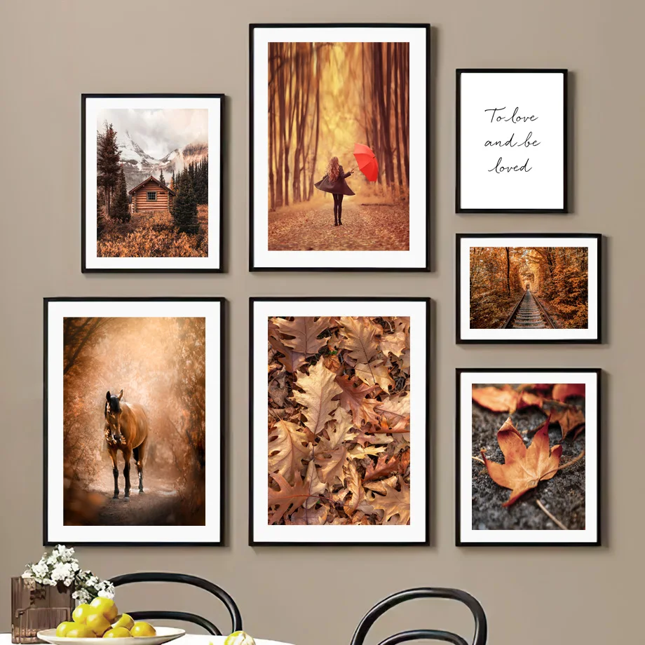 1pc frameless Canvas painting Autumn Deciduous Forest Log Cabin Maple Leaf Nature Posters And Prints Wall Art Canvas Painting