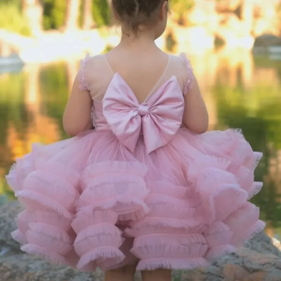 Pink Tutu Flower Baby Girl Dress Puffy Beaded Knee-Length Kids Princess Girls Wedding Birthday First Communion Party  Ball Gown