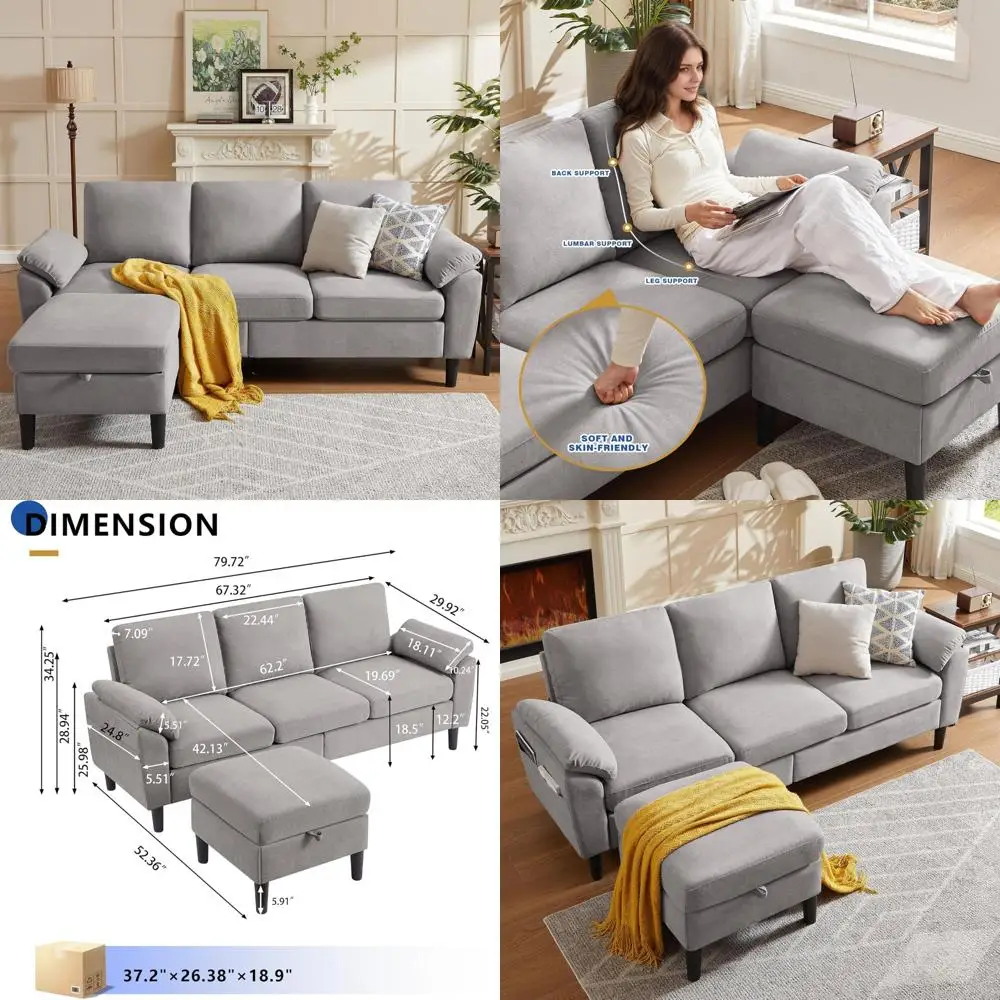 Modern 3-Seat L-Shaped Sectional Sofa with Reversible Storage Chaise, Small Space Polyester Fabric Couch for Comfortable Living