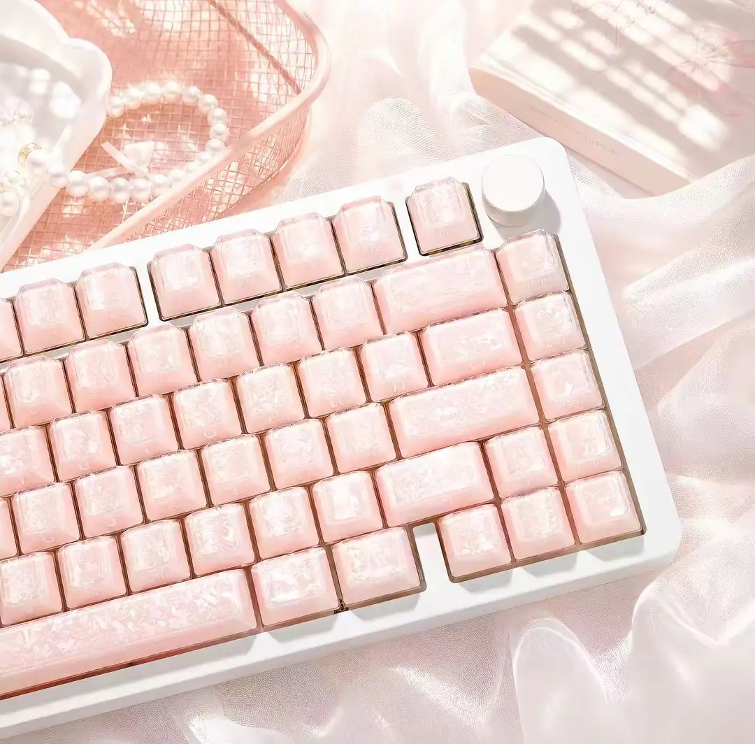 120 Jelly Carbon Fiber ABS+PC Pink Keycaps Cherry Profile Side Printed Shine Through Keycaps for MX Switch Mechanical Keyboard