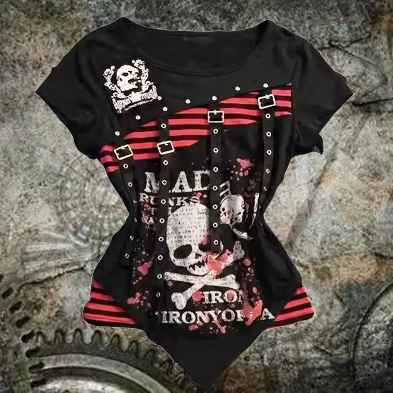 2026 Summer Y2K Subculture Punk style women's short sleeved T-shirt retro irregular Rivet strap black skull print T-shirt top