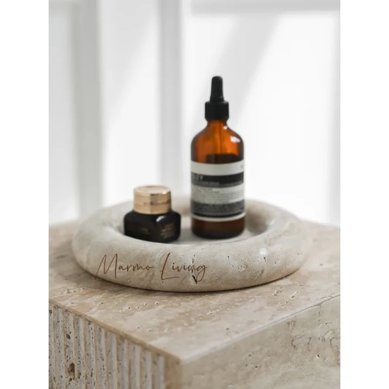 

Trending Beige Travertine Serving Tray Home Decor Vintage Bathroom Vanity Tray Decorative Round Jewelry Plate