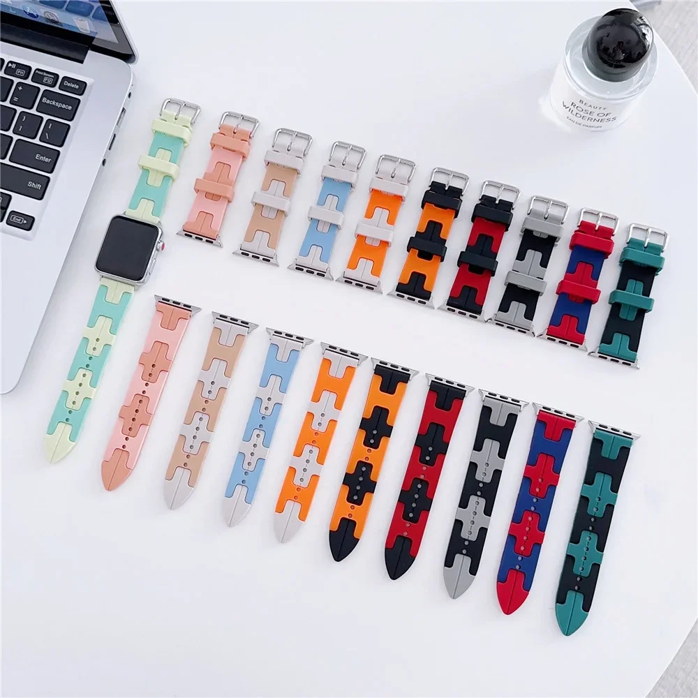 New Fashion Contract Color "H" Rubber Watch Strap for Apple Watch Ultra 2 / 1 (49mm) S9 45mm 44mm 41mm 40mm 42mm Soft Watch Band