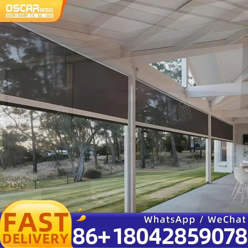Outdoor Roller Shade Windproof Waterproof Balcony Patio Zip Track Shade Motorized Shade Rolling Blind