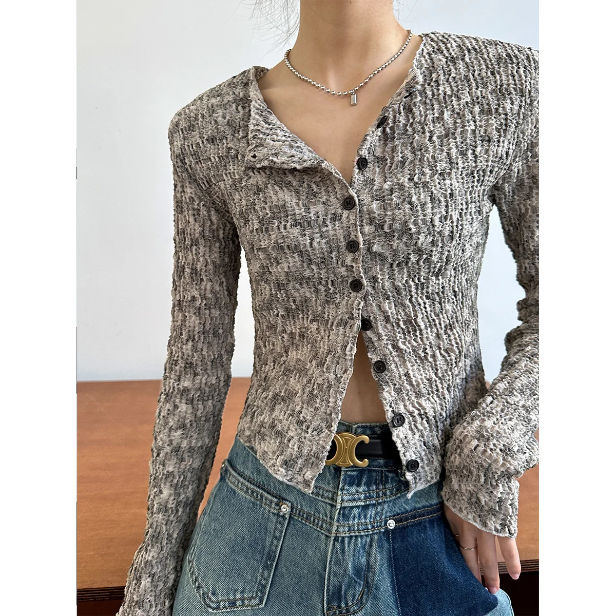 Women's Short Knitted Cardigan Tie Dye Single-button Korean Fashion Pleated Slim Shirt Fit Long Sleeve Lady Top T-Shirt