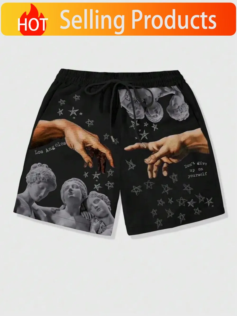European and American men's summer luxurious statue print comfortable breathable drawstring shorts outdoor vacation casual pants