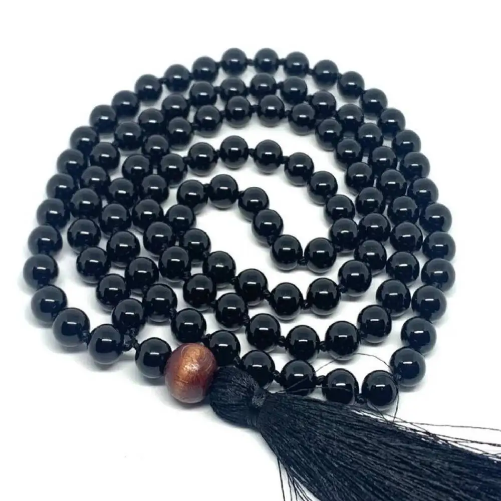 

Natural Black Obsidian 108 Beads Mala Necklace with Sandalwood Pendant & Black Tassel Healing Crystal Jewelry