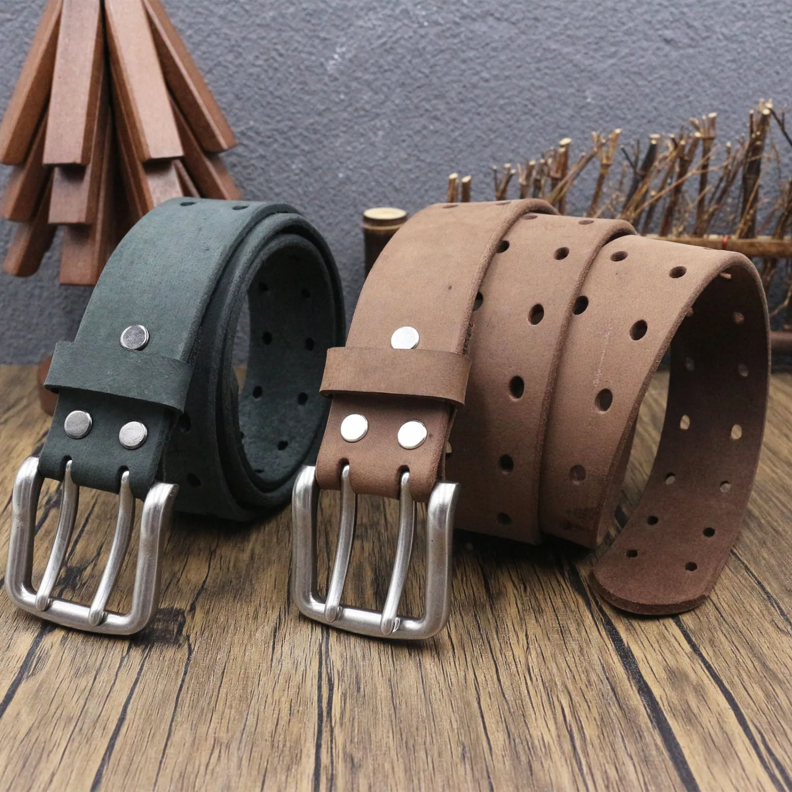 Men Vintage Crazy Horse Full Grain Leather Belt Double Prong Metal Buckle Multi Hole Matte Distressed Genuine Cowhide Waist