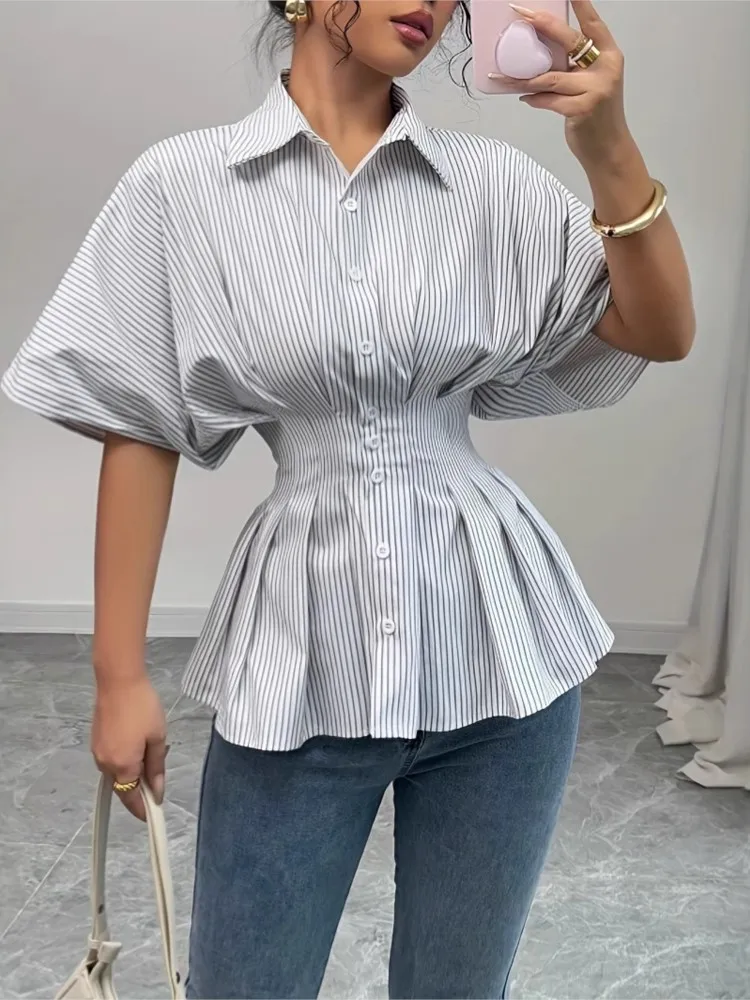 Camisa elegante a rayas para mujer, camisas con botones y cuello vuelto de manga corta a la moda, Tops para mujer, ropa de oficina para vacaciones