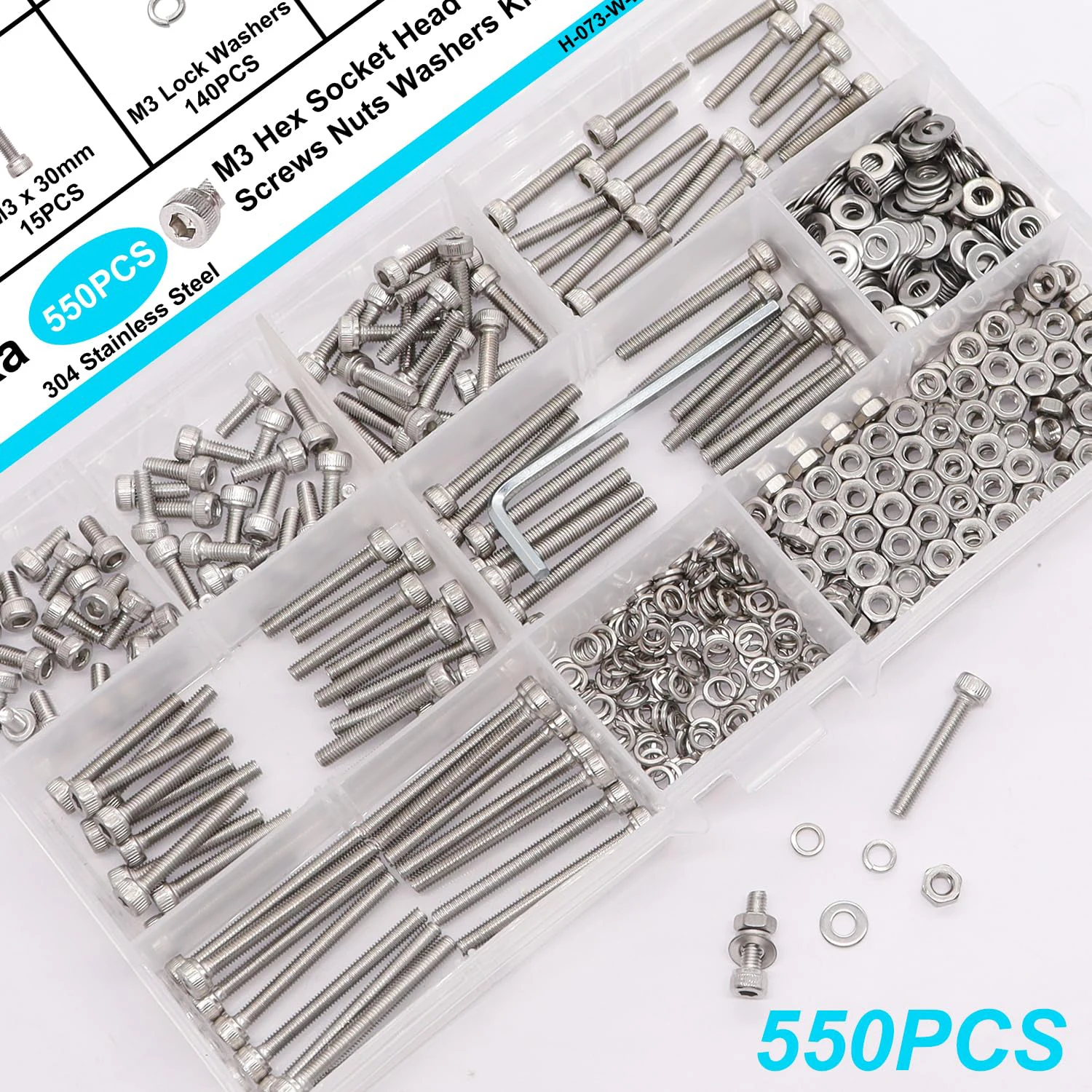 

550 PCS M3 x 6/8/12/16/20/25/30mm Hexagonal Socket Head Cap Screw, Bolt, Nut, Washer and Spacer Kit, Stainless Steel with Hex Ke