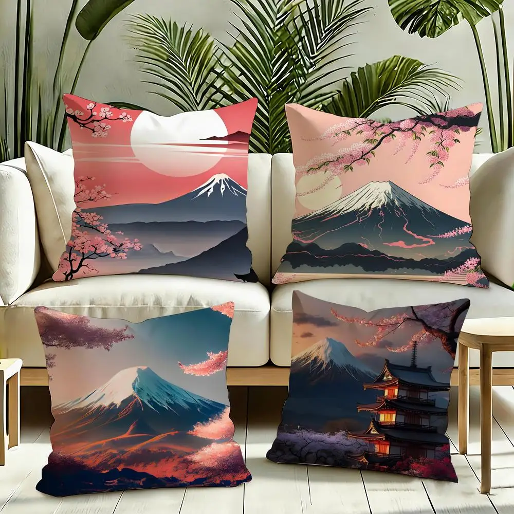 Japenes Mount Fuji Cushion Cover Silky Short Plush Invisible Zipper Dustproof Sofa Pillow Case for Home Decor