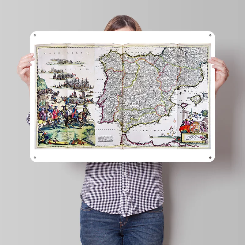 Antique Map of Spain and Portugal 3D Printed Texture Poster Personalized Wall Art Retro Metal Tin Signs for Garage Accessories