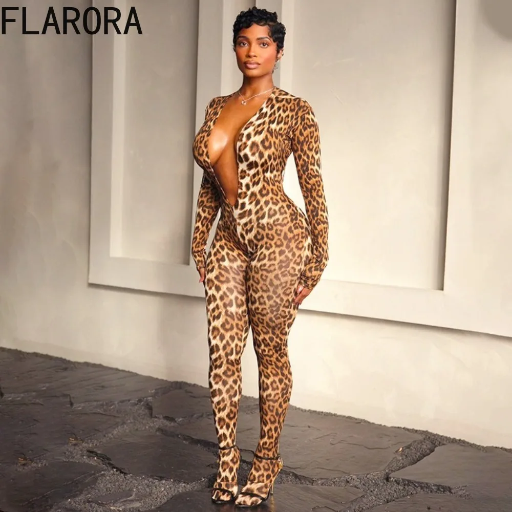 

FLARORA Sexy Leopard Print Bodycon Jumpsuit Woman Deep V Neck Long Sleeve High Waist Jumpsuits Midnight Party Clubwear Overalls
