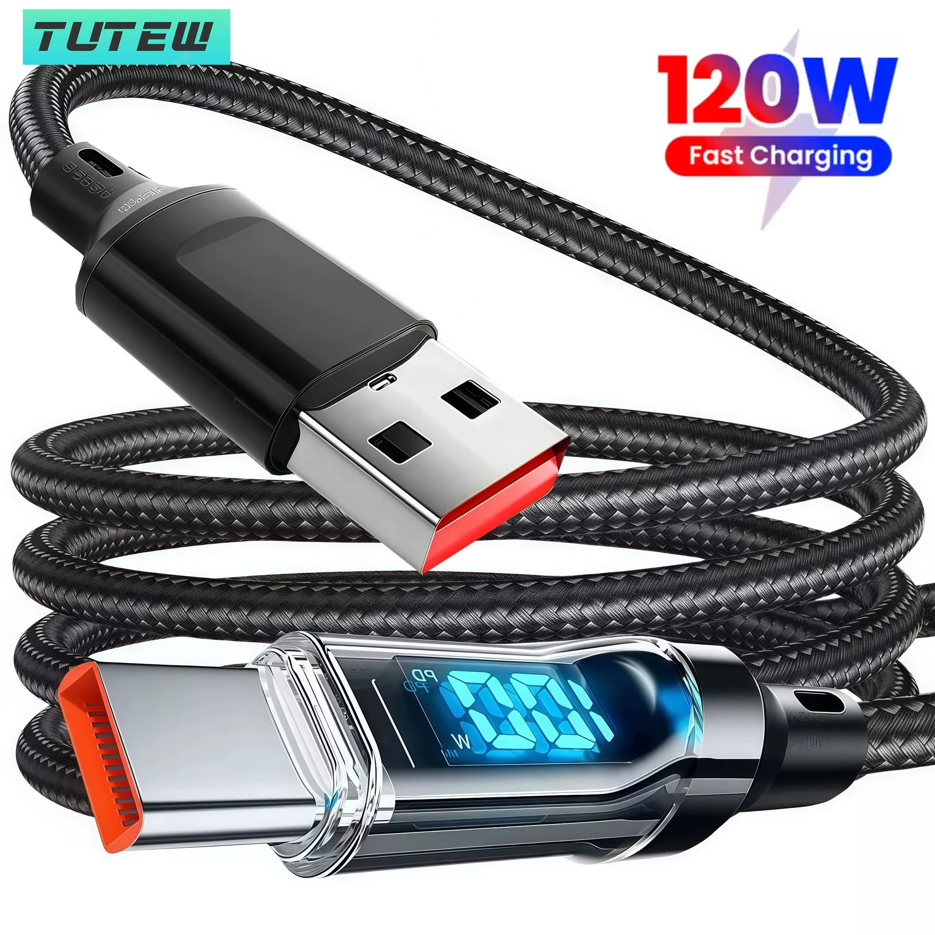 كابل شحن سريع للغاية بقدرة 120 وات، شاشة رقمية في الوقت الحقيقي، كابل بيانات USB A إلى النوع C لهواتف iPhone Android العالمية