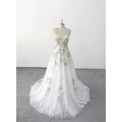 Cathy White Floral Print Wedding Dresses Long Tail A-line Tulle فساتين سهرة Elegant Sleeveless Floor-length vestidos de fiesta