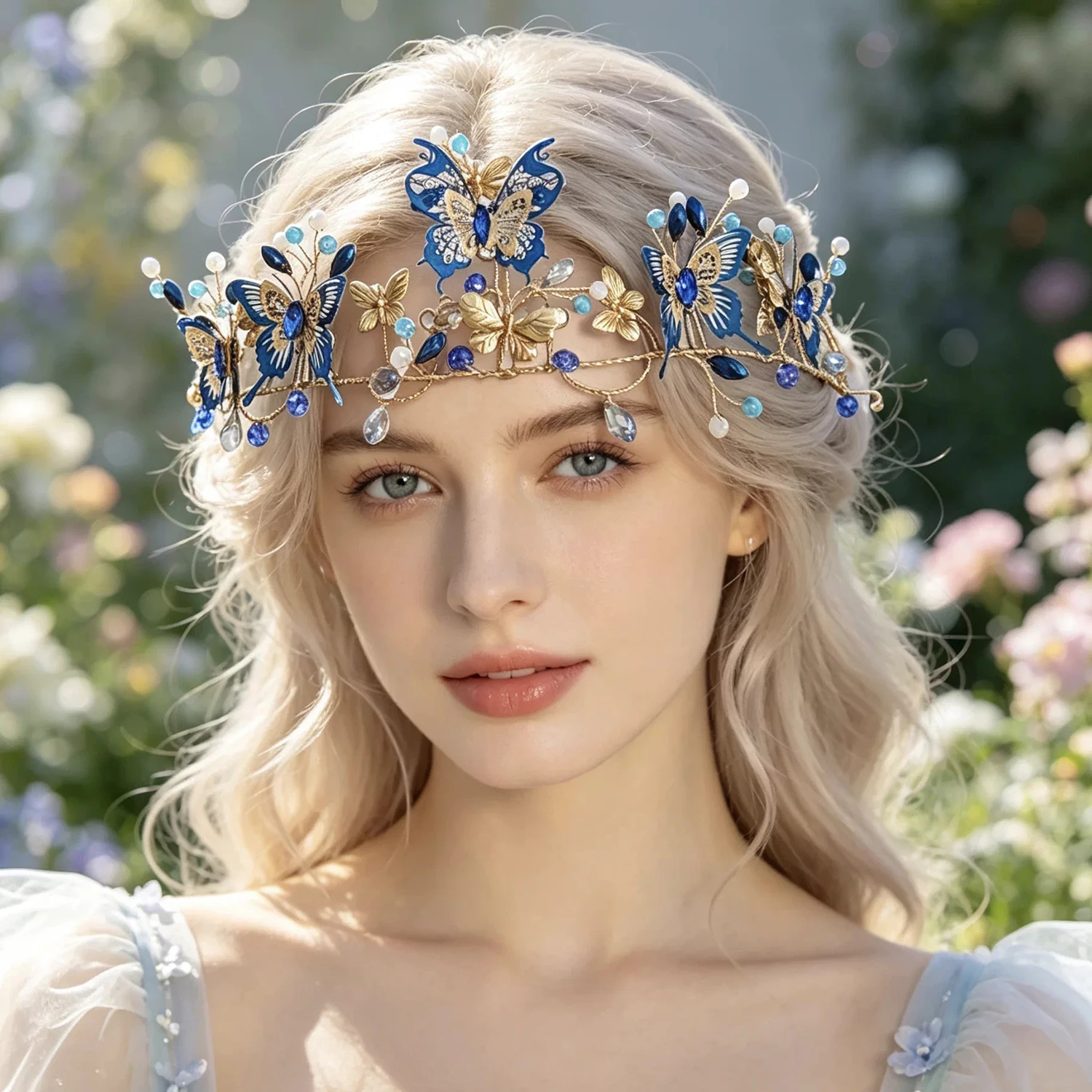 Blue And Golden Butterfly Forest Style Elf Hair Vine for Bridal Wedding Portrait Styling Fairy Travel Photography  Accessory