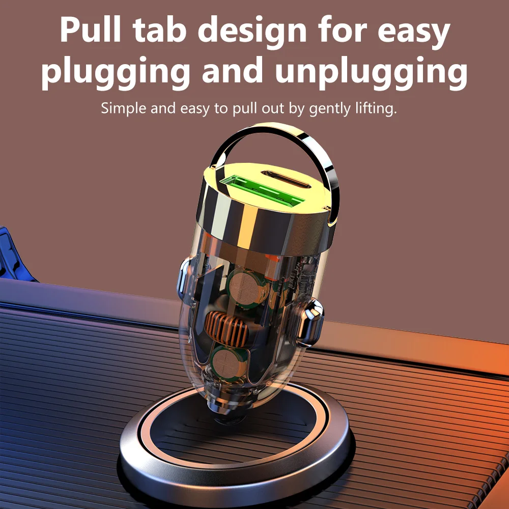 120W Pull Ring Car Charger Fast Charging USB Type C Charger Adapter For iPhone Samsung Huawei Xiaomi Transparent PD Car Charger