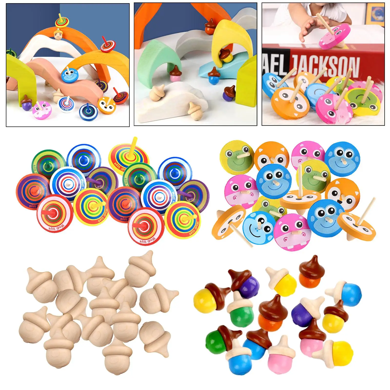 Set of 15 Classic Wooden Spinning Tops - Fun Outdoor Games for Adults and Kids