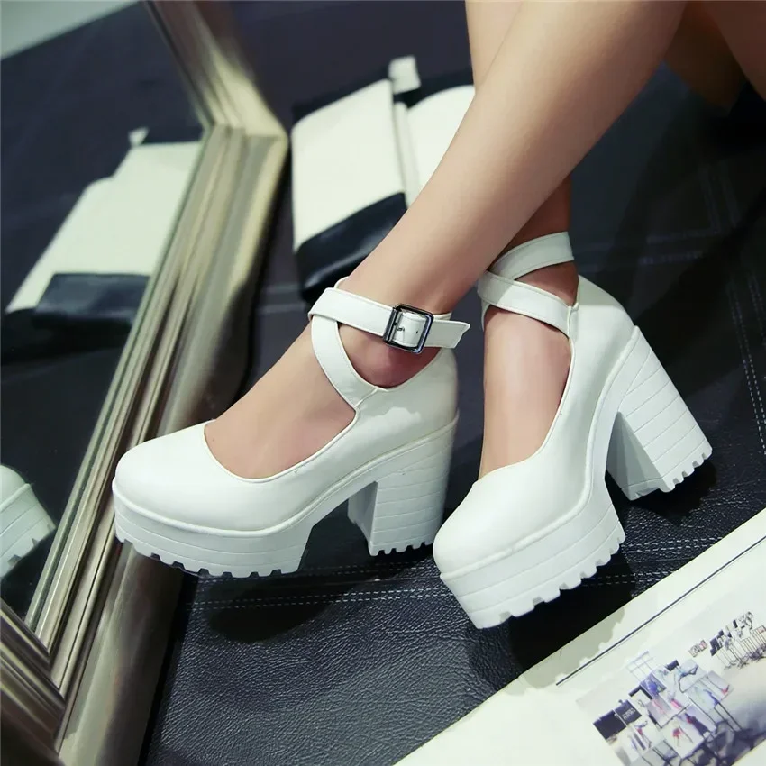 Woman Platform Pumps White Black Red Quality PU High Thick Block Heels Casual Party Dress Buckle Ankle Strap Vintage Lady Shoes