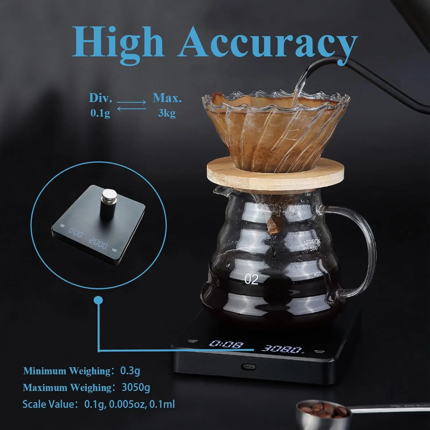 Digital Coffee Scale with Timer, 3KG/0.1g(ml/oz) High Precision, Auto Tare Function,USB Rechargeable Scale with LED Display