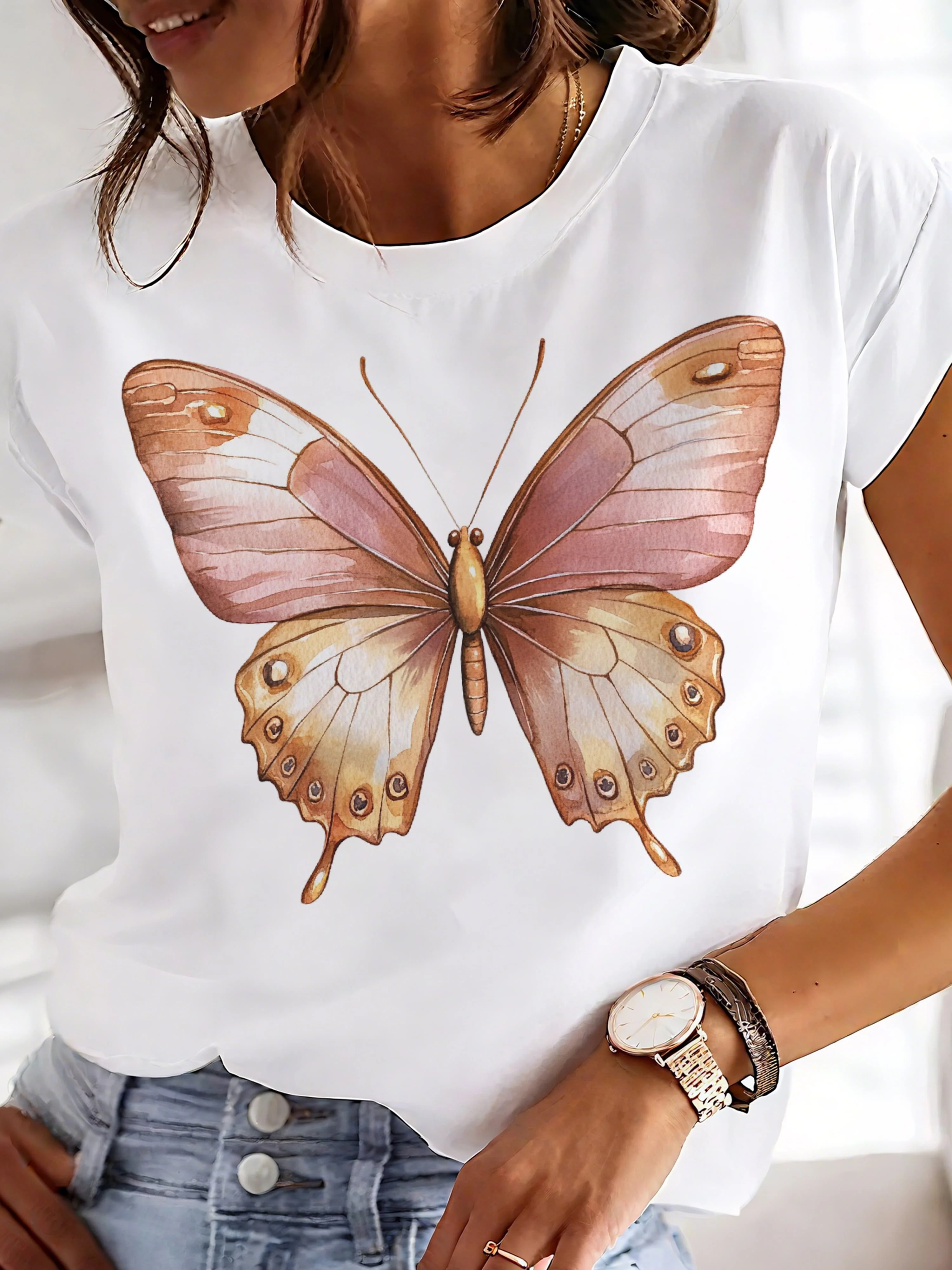 

Women's Loose Crew Neck White T - shirt with Butterfly Print, Perfect for Daily Home Leisure and Comfortable Wear