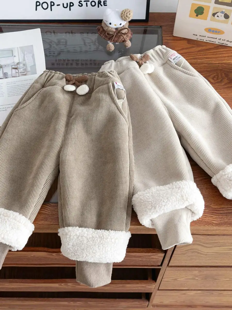 Thiened Fce Children's Pants Autumn Winter Baby Warm Trousers Outerwear Inteated Fce Long Pants Kids Clothes