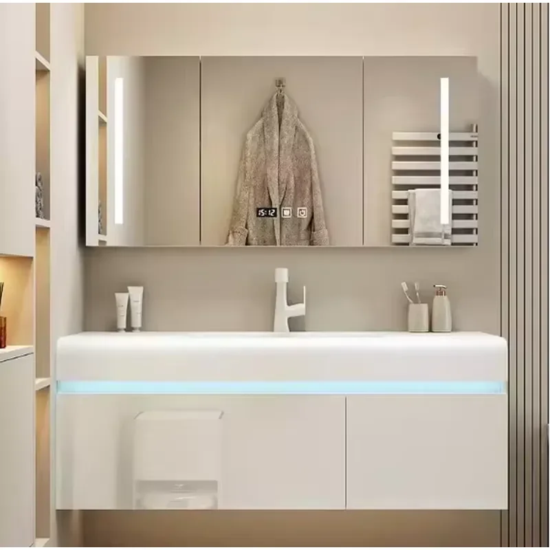 Modern Human Body Sensor Ambient Light Waterproof Bathroom Cabinet Multi-layer Solid Wood Bathroom Mirror Cabinet with Light