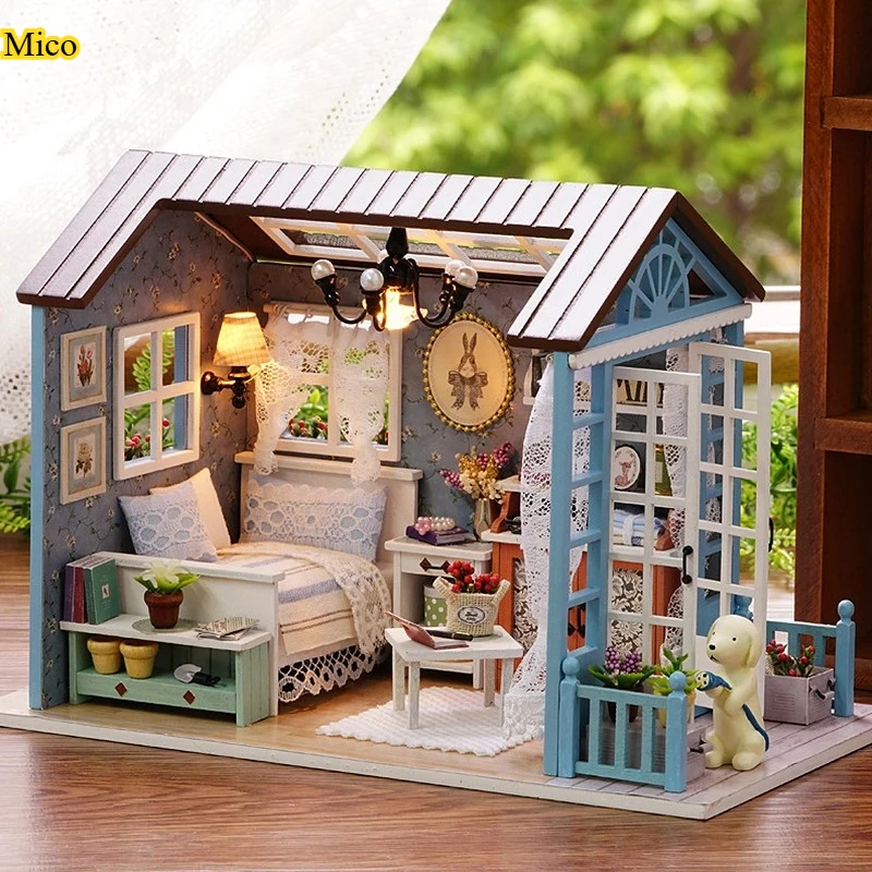 

DIY Miniature Dollhouse Kit 3D Wooden Puzzle Assembly Model Craft with Furniture & LED Lights Desktop Ornament Home Decor