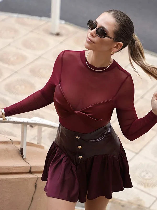 مثير لي بو الجلود طويلة Sve نيسيي Faion الأعلى للنساء عقدة تصميم ضيق عالية الخصر ort طول جولة Ne T-irt