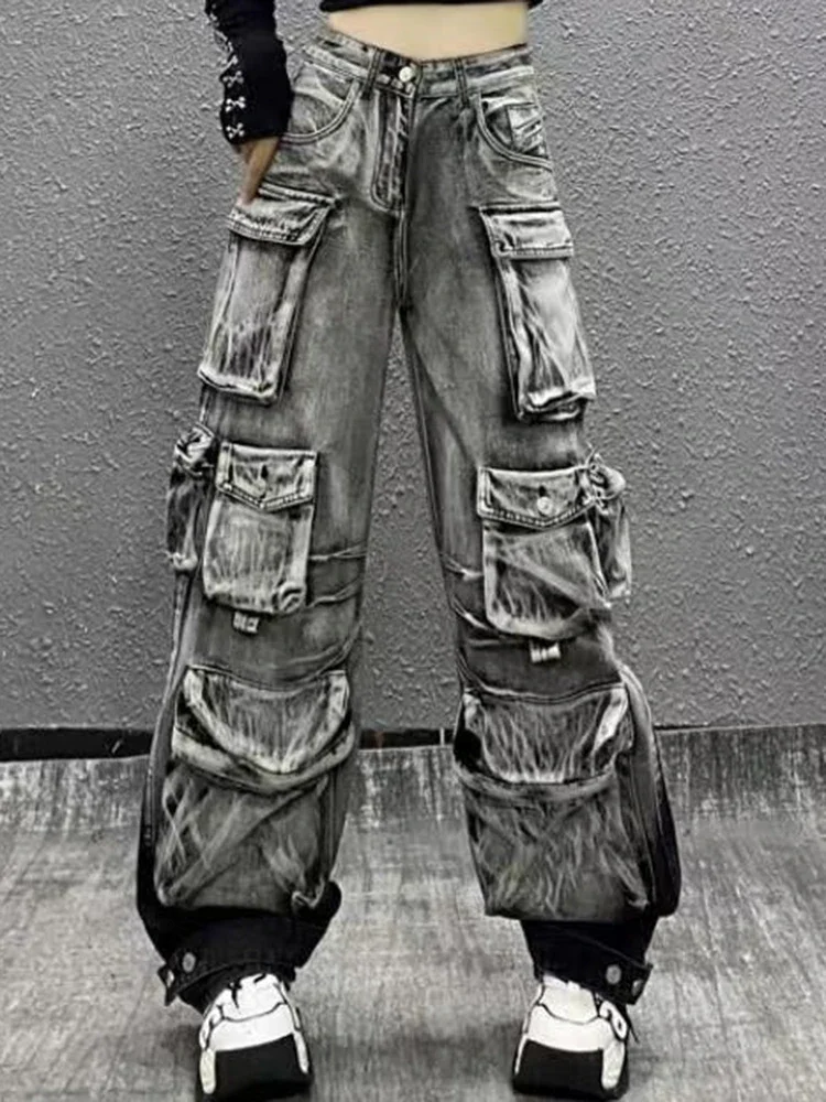 Vintage Fashion Women's Gradient Multi Pockets Jeans 2024 Winter New High Waist Buttons Cargo Denim Pants Female