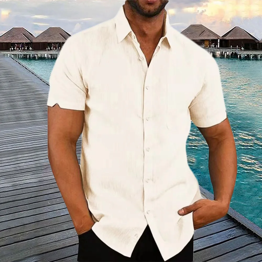 Hot Selling Cotton Linen Men\'s Short-Sleeved Shirts Summer Lightweight Solid Color Turn-down collar Casual Beach Style Plus Size