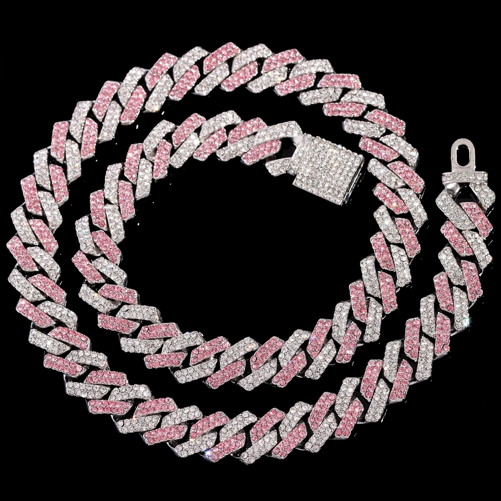 14MM Pink Prong Cuban Chain Hiphop Necklaces For Women 2 Row Rhombus Miami Cuban Link Chain Iced Out Chain Jewelry