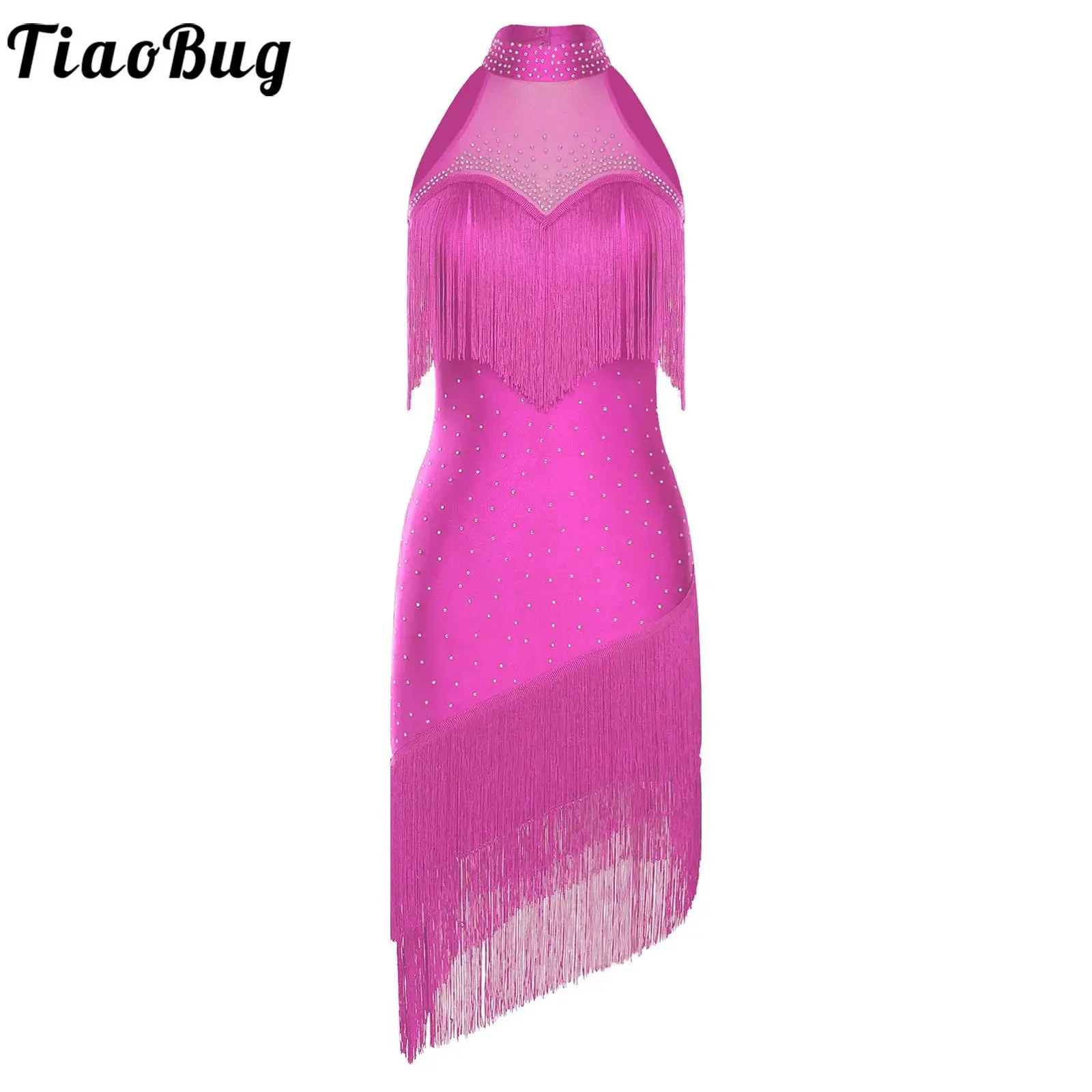 

Women Latin Tango Belly Dance Fringe Dress Rhinestones Halter Sleeveless Back Cut Dress Classical Jazz Performance Costume
