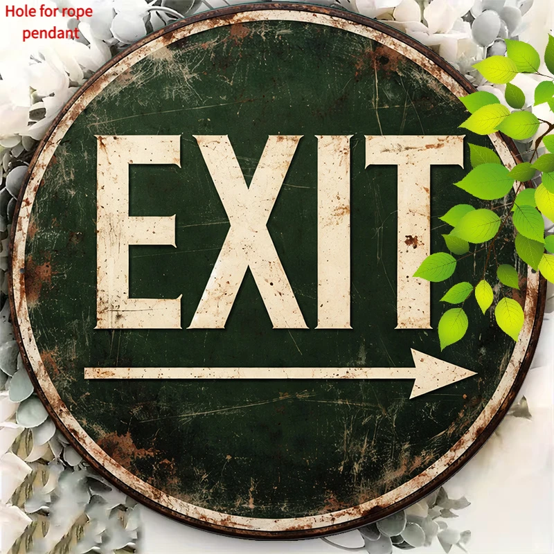 Vintage Rustic Green EXIT Arrow Round Metal Sign