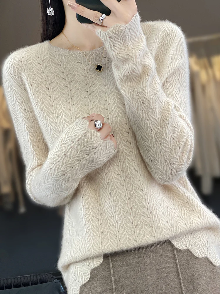 Fashion Women\'s Sweater O-Neck Pullover 100% Australian Wool Jumper Seamless ReadyToWear Hollow Out New In Knitwear Lady Clothes