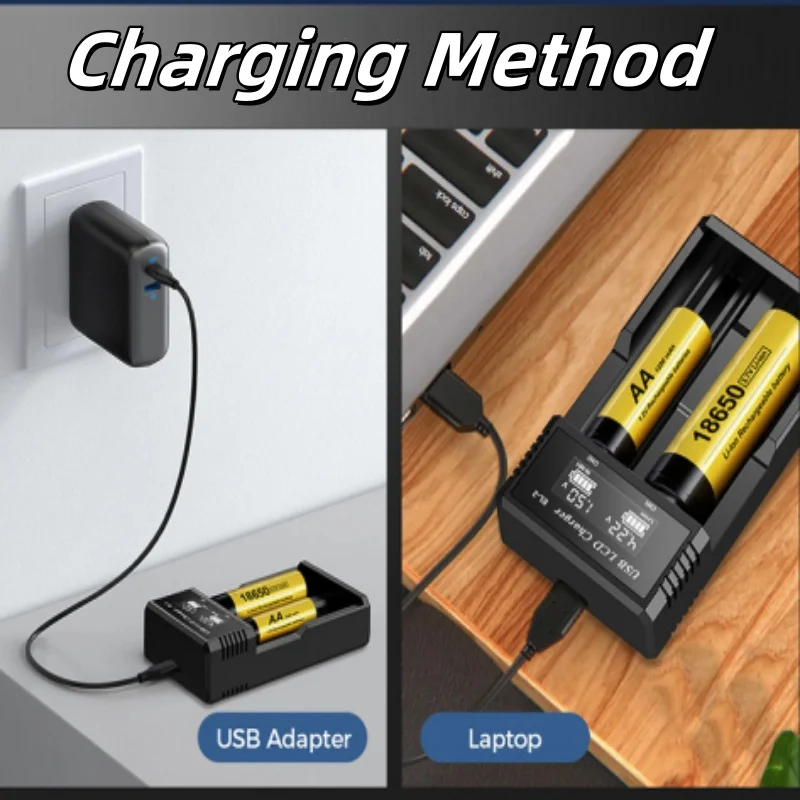 شاحن بطارية USB ذكي LCD بفتحتين لبطاريات ليثيوم 18650 3.7 فولت قابلة لإعادة الشحن وبطاريات Ni-MH AA/AAA 1.2 فولت - كشف وشحن تلقائي