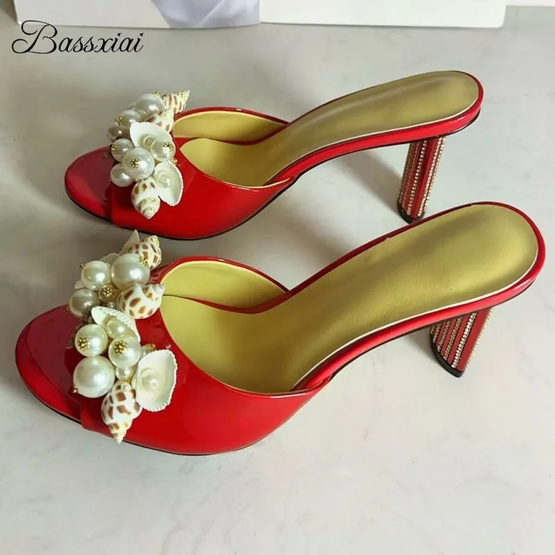 

Unique Seashell Pearl Beads Decor Sandals Women Jeweled Rhinestone Strange Heel Patent Leather Slingbacks Mules Summer