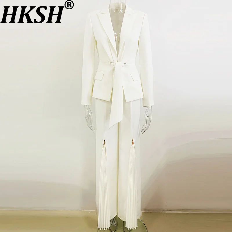 

HKSH Spring Autumn New Women's Party Two-piece Set Solid Color Lace-up Slim Fit Blazer Pleated Zipper Pants Elegant Suit HK14478
