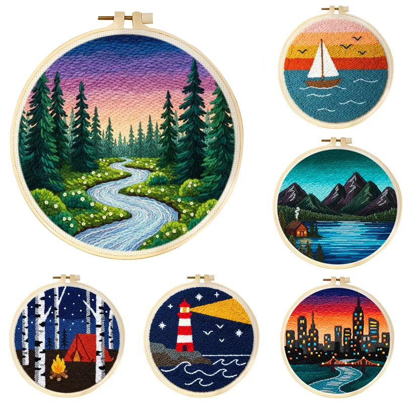 Diy Needle Punch Embroidery Starter Kit Landscape Poking Embroidery Yarn Painting Arts Punch Needle Kits Craft Set Home Decorati