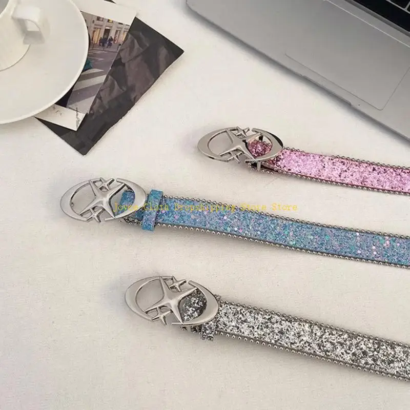 حزام خصر بإبزيم دبوس للنساء لفستان حزام خصر مزين بالترتر حزام نمط هاراجوكو 10CD