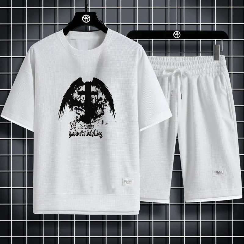 

2025 Waffle Sports T-shirts+shorts sets Thin Leisure Sets for Men Trendy Outfit Comfortable Breathable Summer Clothes gym sets